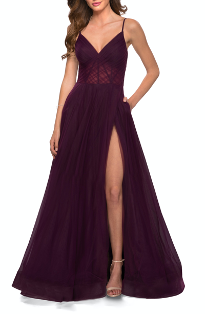 Shop La Femme A Line Tulle Prom Dress With Sheer Bodice In Purple
