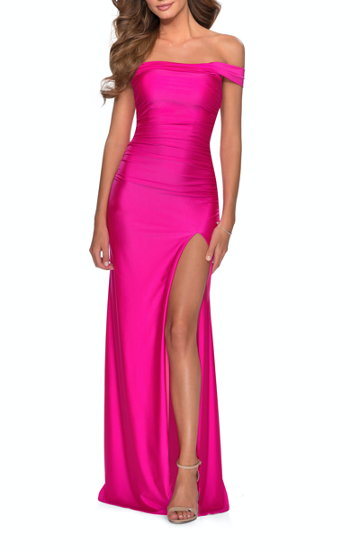 Shop La Femme Off The Shoulder Dress With Tie Back And Slit In Pink