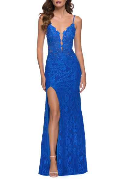 Shop La Femme Stretch Lace Long Dress With Deep V Neckline In Blue