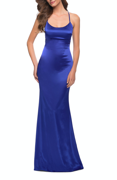 Shop La Femme Chic Stretch Satin Gown With Scoop Neck And Open Back In Blue