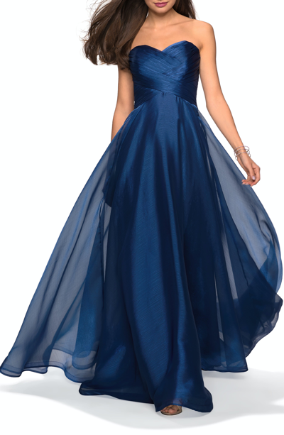 Shop La Femme Strapless Chiffon Dress With Criss Cross Bodice Detail In Blue