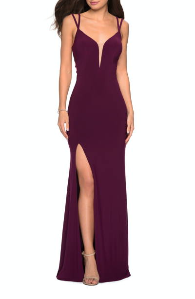 Shop La Femme Sultry Long Dress With Intricate Strappy Back In Purple
