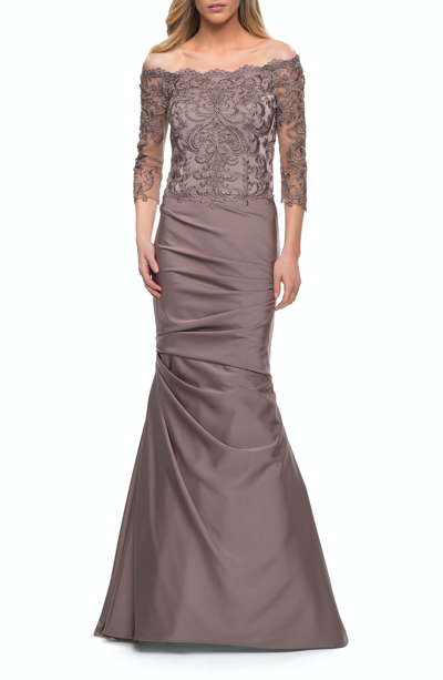 Shop La Femme Satin Mermaid Gown With Off The Shoulder Lace Bodice In Brown