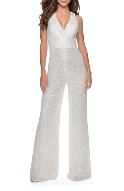 Shop La Femme Long Sequin Jumpsuit With Criss Cross Back In White