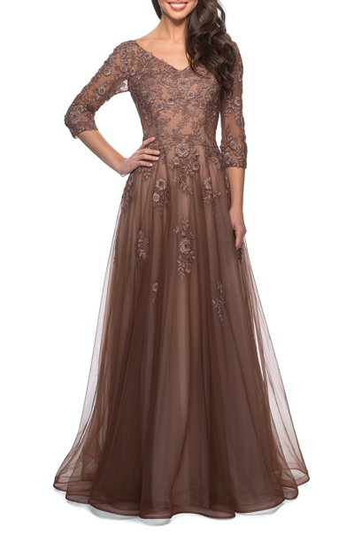 Shop La Femme A-line Tulle Gown With Floral Lace Detail And V-neck In Brown