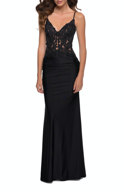 Shop La Femme Jersey Gown With Sheer Lace Bodice And Ruching In Black