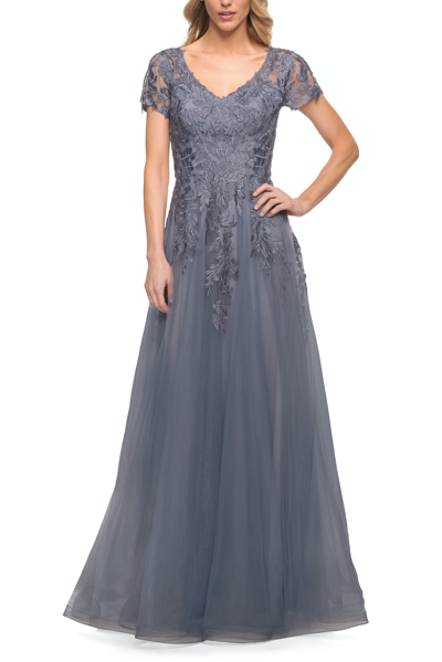 Shop La Femme Lace And Tulle A-line Evening Gown With Cap Sleeve In Grey
