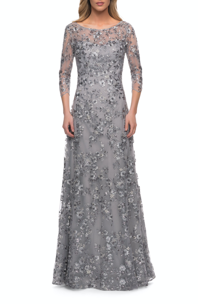 Shop La Femme Lace Gown With Full Skirt And Sheer Lace Sleeves In Grey