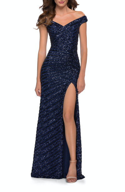 Shop La Femme Off The Shoulder Sequin Long Dress With Skirt Slit In Blue