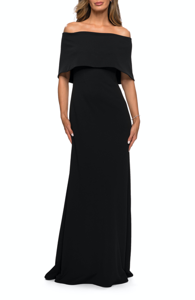 Shop La Femme Off The Shoulder Jersey Gown With Column Skirt In Black