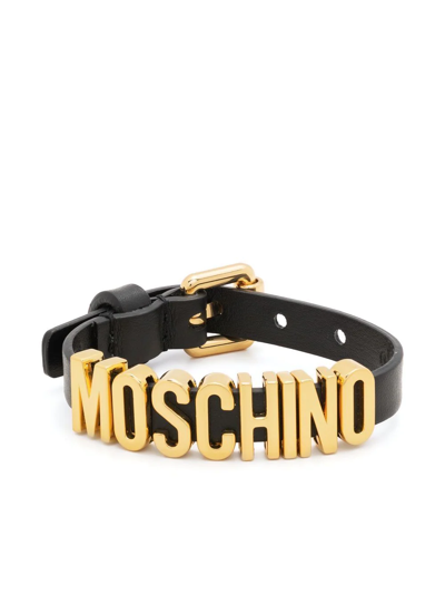 Shop Moschino Logo-lettering Leather Bracelet In Black