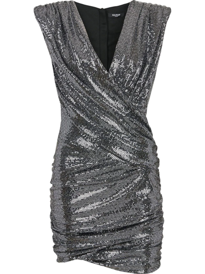 Shop Balmain Wrap Sleeveless Mini Dress In Silver