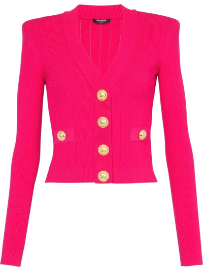 Balmain Embossed Buttons Fuchsia Ribbed Cardigan In Pink | ModeSens