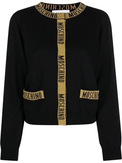 Shop Moschino Logo-trim Knitted Cardigan In Black