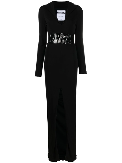 Shop Moschino Belted-waist Long Shirt Dress In Black
