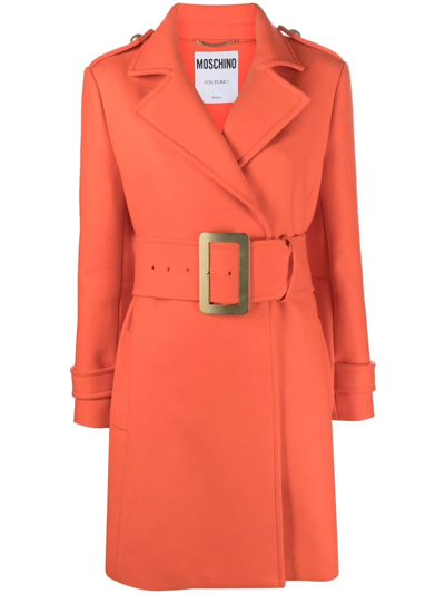 Shop Moschino Double-breasted Belted Coat In Orange