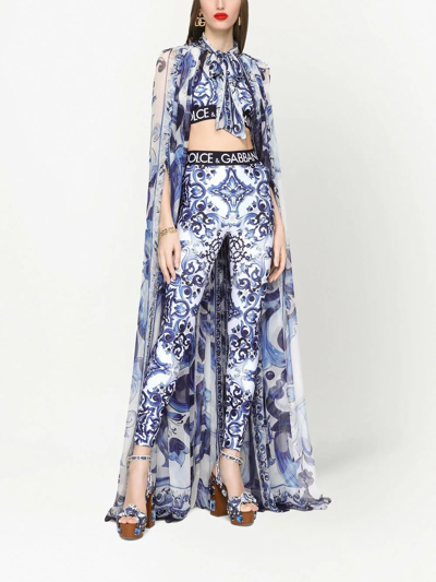 Dolce & Gabbana Blu Mediterraneo Painterly Logo Leggings In Blue