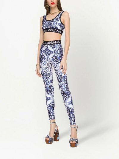 Dolce & Gabbana Blu Mediterraneo Painterly Logo Leggings In Blue