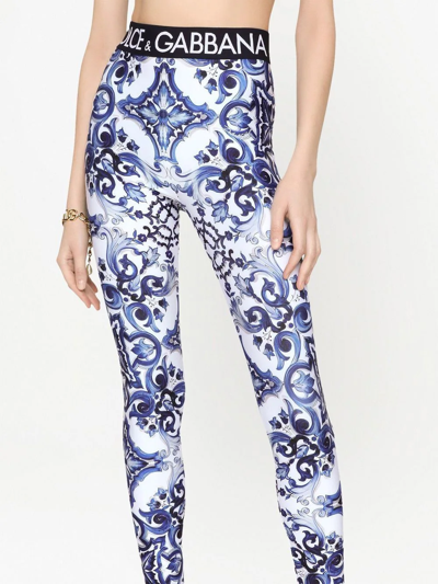 Dolce & Gabbana Blu Mediterraneo Painterly Logo Leggings In Blue