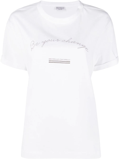 Shop Brunello Cucinelli Slogan-print Cotton T-shirt In White