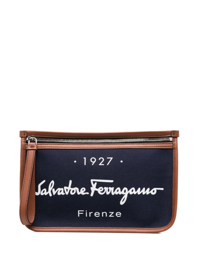 Shop Ferragamo Logo-print Clutch Bag In Blue