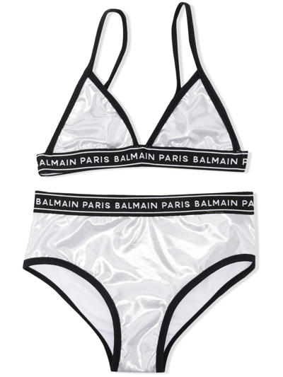 Shop Balmain Logo-band Shimmer Bikini In Grey