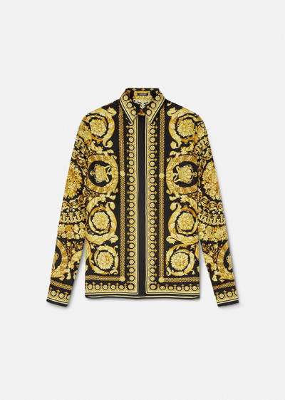 Versace Black And Yellow Shirt With Barocco Print In Print