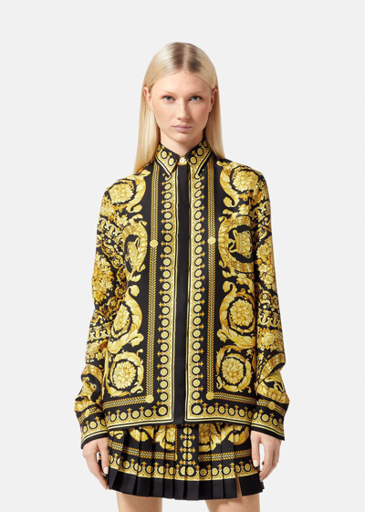 Versace Black And Yellow Shirt With Barocco Print In Print