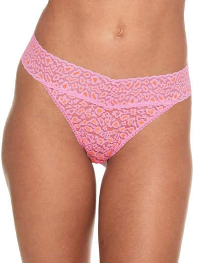Shop Hanky Panky Leopard Cross-dyed Lace Original Rise Thong In Pink,orange
