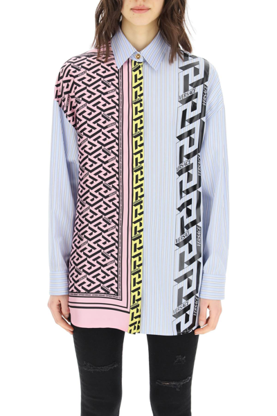 Shop Versace La Greca Shirt In Cotton And Silk In Mixed Colours