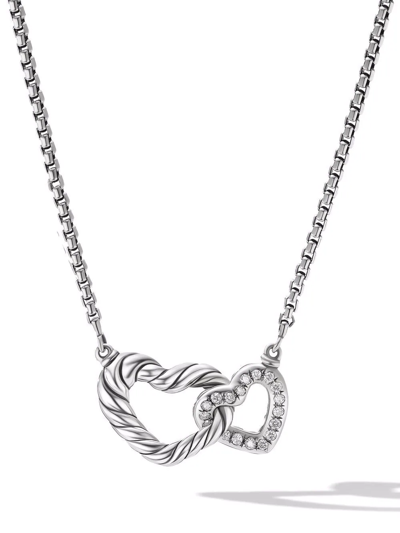 David Yurman Sterling Silver Double Heart Diamond Necklace In Silver