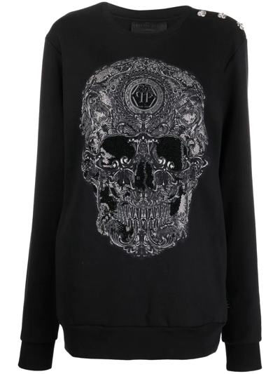 Shop Philipp Plein Embroidered-skull Crew Neck Sweatshirt In Black