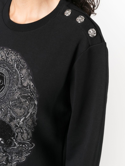 Shop Philipp Plein Embroidered-skull Crew Neck Sweatshirt In Black