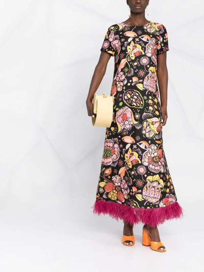 La Doublej Floral-print Maxi Swing Dress With Feathers In Black