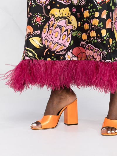 La Doublej Floral-print Maxi Swing Dress With Feathers In Black