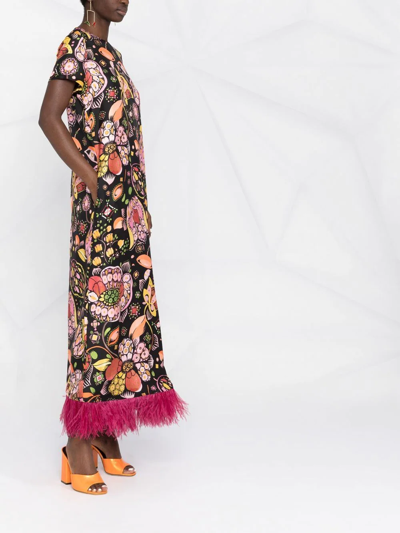 La Doublej Floral-print Maxi Swing Dress With Feathers In Black