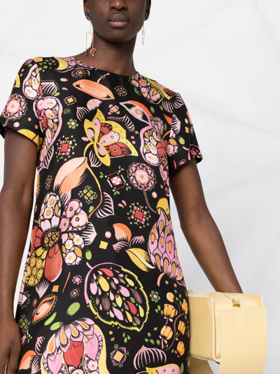 La Doublej Floral-print Maxi Swing Dress With Feathers In Black