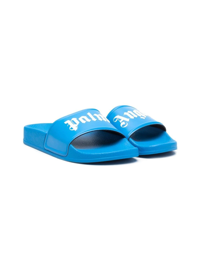 Shop Palm Angels Logo-print Slip-on Sandals In Blue