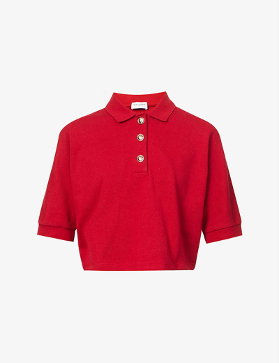 Shop Saint Laurent Cropped Cotton-piqué Polo Top In Rouge Paloma