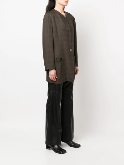 Pre-owned Giorgio Armani 1990s Plaid-pattern Collarless Jacket In Brown