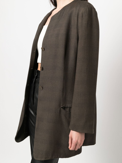 Pre-owned Giorgio Armani 1990s Plaid-pattern Collarless Jacket In Brown