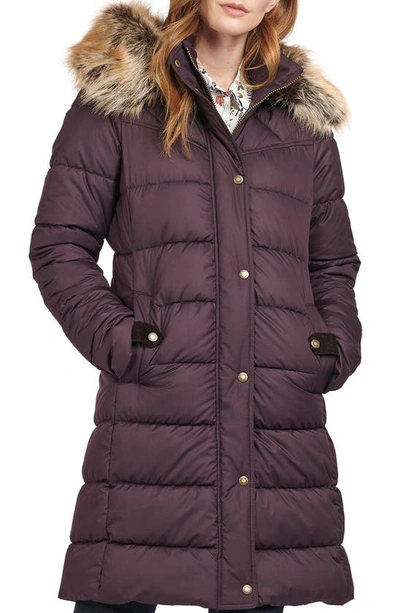 Barbour Rustington Hooded Puffer Coat With Removable Faux Fur Trim In  Sage/dark Brown | ModeSens