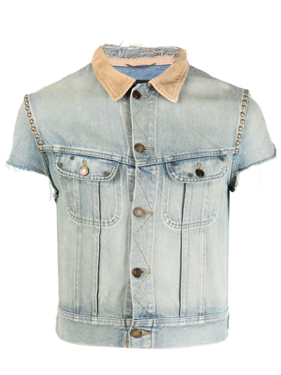 Shop Saint Laurent Studded Short-sleeve Denim Jacket In Blue