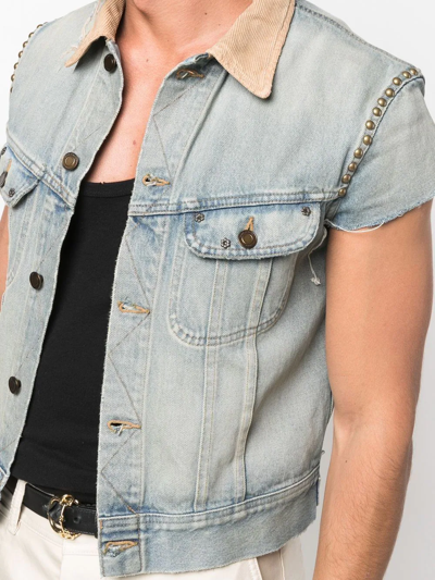 Shop Saint Laurent Studded Short-sleeve Denim Jacket In Blue