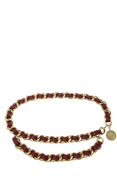 Pre-owned Chanel Gold & Red Leather Chain Belt 2