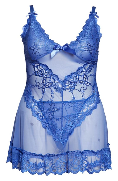 Shop Oh La La Cheri Valentine Soft Cup Babydoll Chemise & G-string Thong In Dazzling Blue