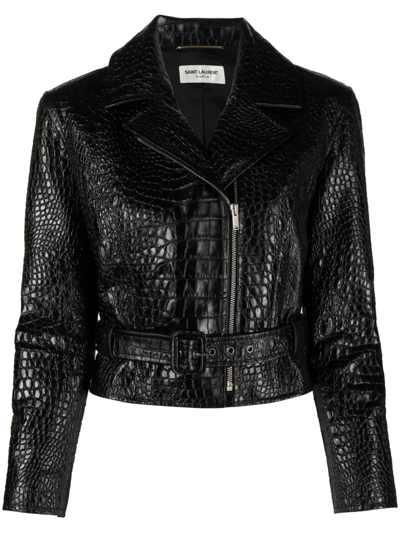 Shop Saint Laurent Crocodile-embossed Cropped Leather Jacket In Black