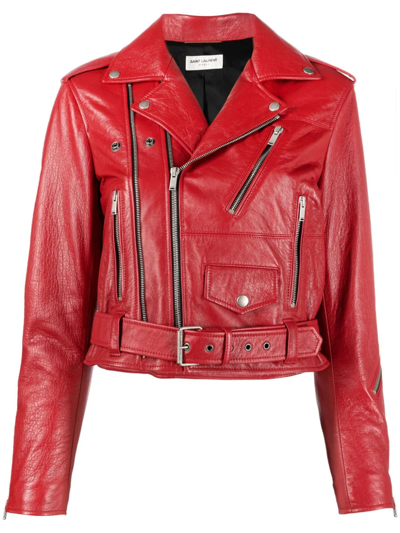 Shop Saint Laurent Leather Biker Jacket In Red