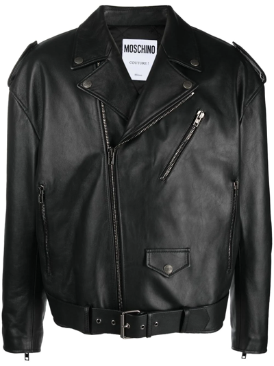 Shop Moschino Notched-lapels Zip-pockets Leather Jacket In Black