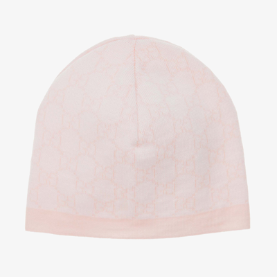 Shop Gucci Girls Pink & Ivory Wool Gg Baby Hat